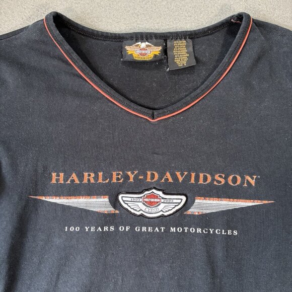 VTG 2003 Harley Davidson Black Long Sleeve T-shirt V-neck Top Womens S Biker USA - Picture 4 of 11